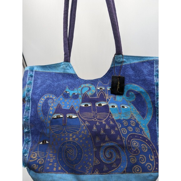 Indigo Cat Scoop Tote by Laurel Burch Blue Purple Canvas EUC - Picture 2 of 6